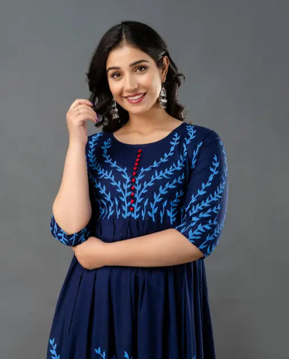 Sufiyana Ámour's Deep Navy Blue Floral Print Rayon Anarkali Kurta for Women
