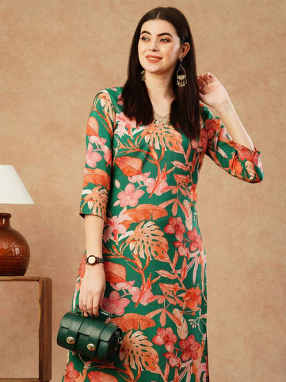 Sufiyana Ámour's Vibrant Green Tropical Floral Print Kurta and Palazzo Pants Set for Women