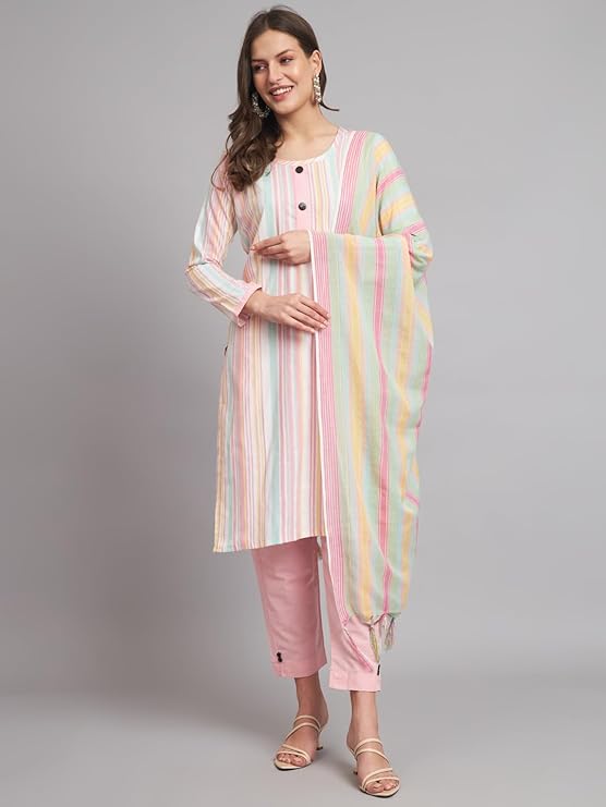 Sufiyana Ámour's Pink Striped Kurti With Dupatta And Trouser