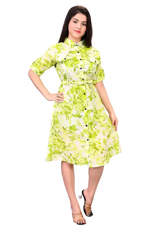 Sufiyana Ámour's Light Green Floral Cotton Shirt Dress for Women
