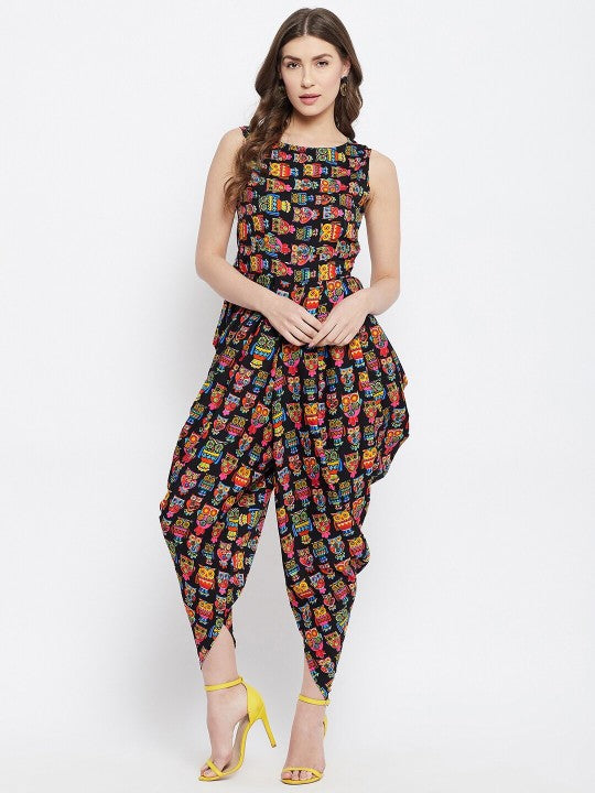 Sufiyana Ámour's Black Multicolor Owl Print Dhoti Jumpsuit for Females