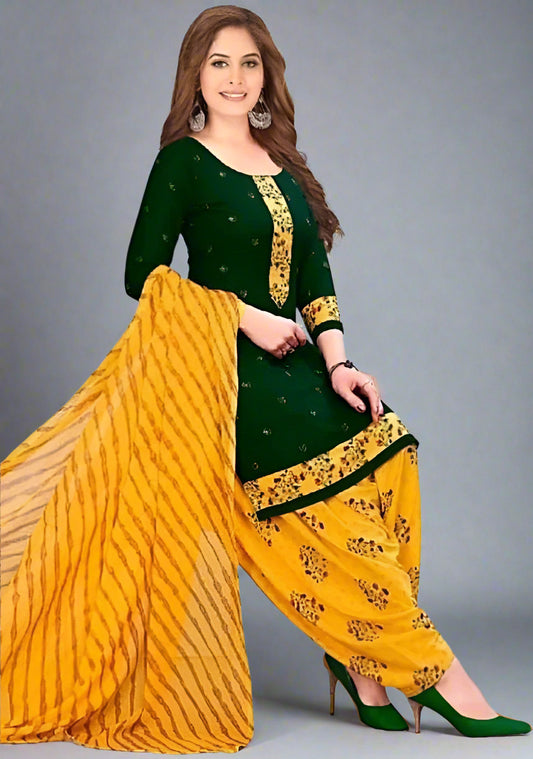 Woman wearing a green and yellow traditional outfit on a white background