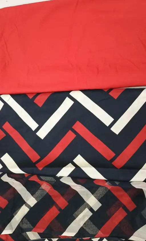 Two fabric swatches, one red and one with a geometric pattern in red, white, and black.