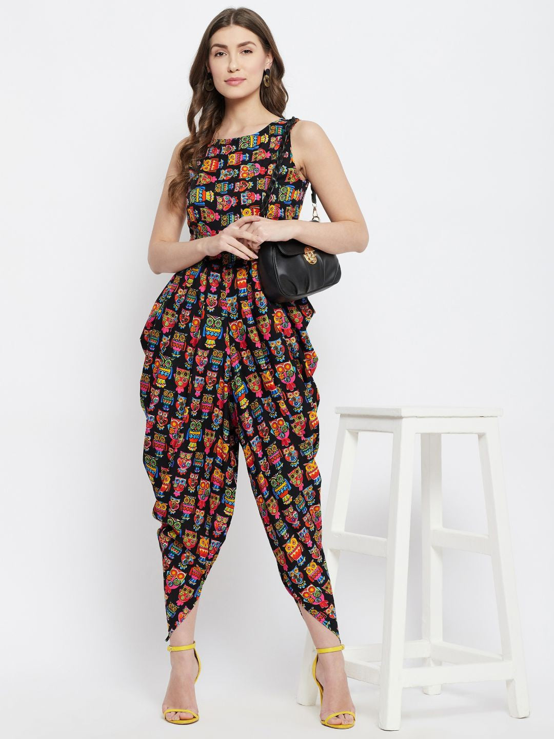 Sufiyana Ámour's Black Multicolor Owl Print Dhoti Jumpsuit for Females