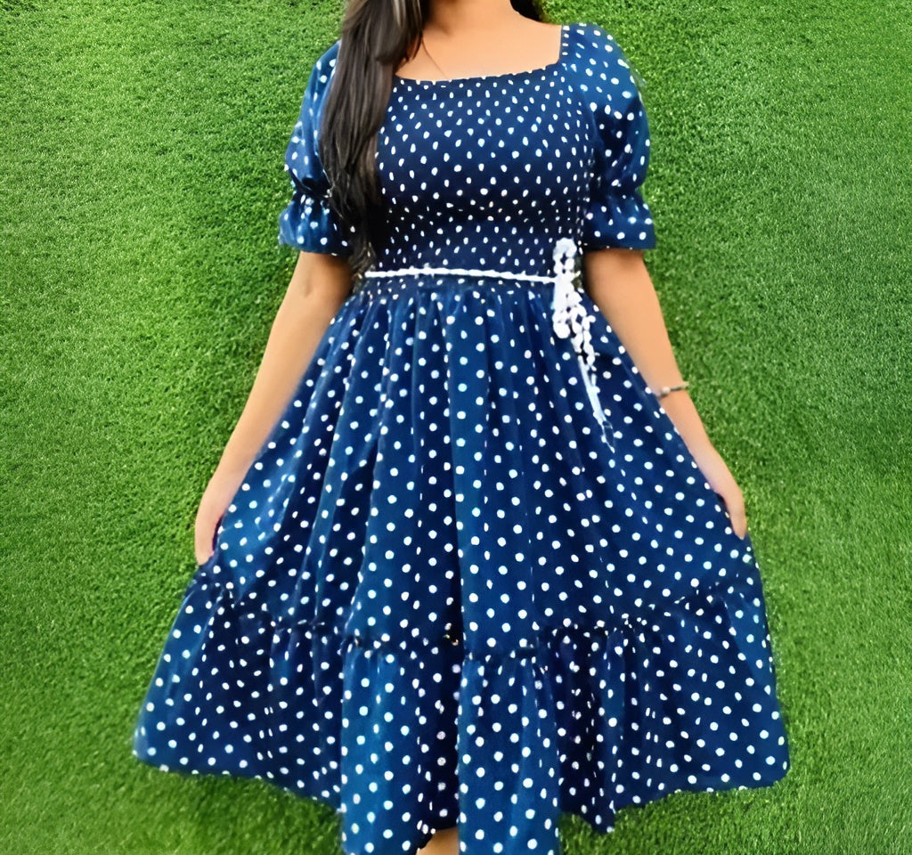 Sufiyana Ámour's Navy Blue Polka Dot Crepe Midi Dress for Women