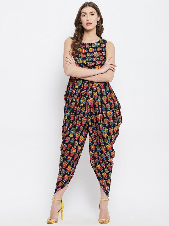 Sufiyana Ámour's Black Multicolor Owl Print Dhoti Jumpsuit for Females