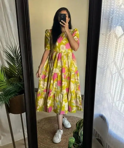 Sufiyana Ámour's Light Yellow-Green Floral Print Cotton Blend Gown Kurti for Women