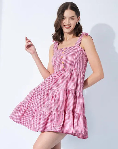 Sufiyana Ámour's Pink Gingham Cotton Tiered Dress for Females
