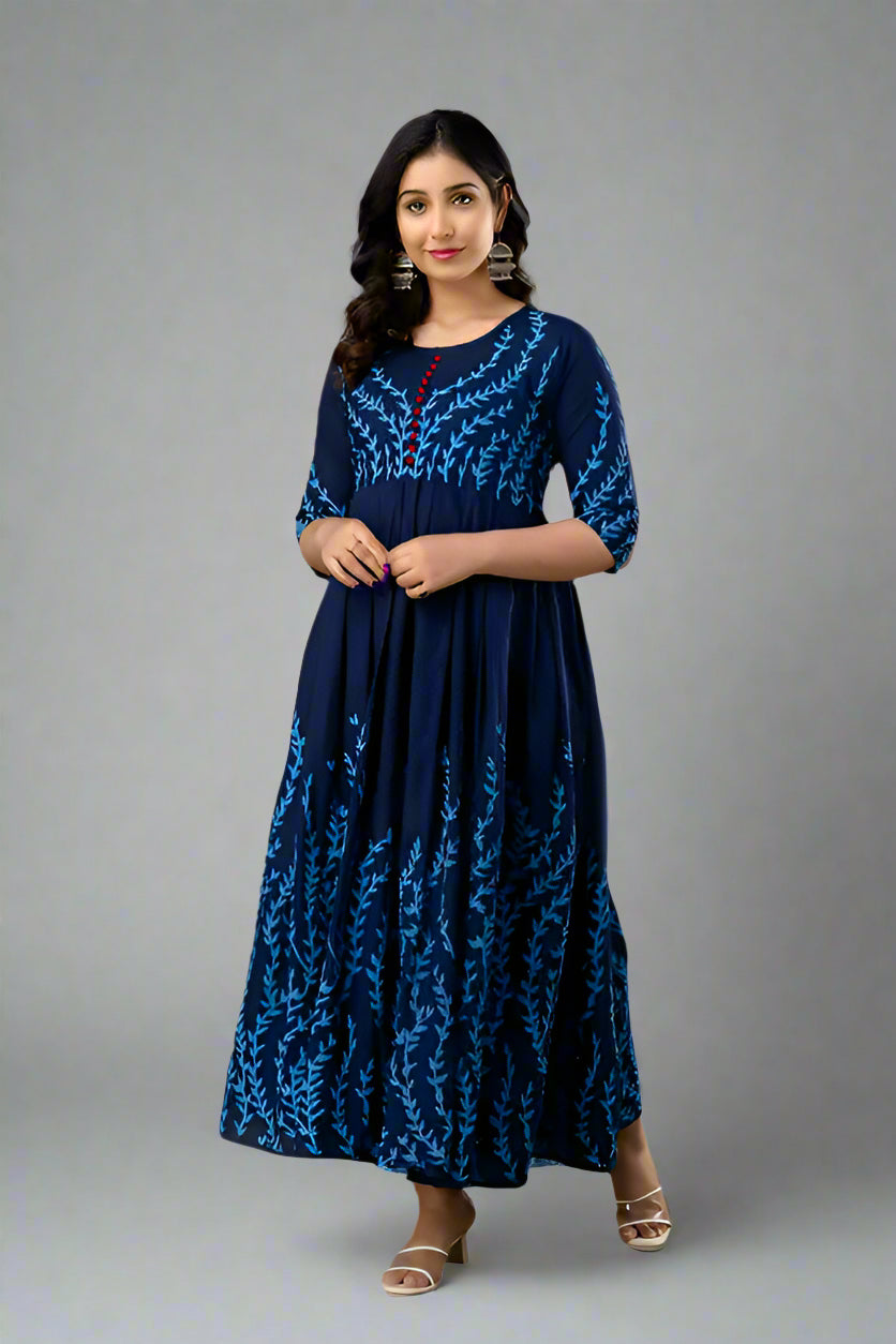 Sufiyana Ámour's Deep Navy Blue Floral Print Rayon Anarkali Kurta for Women
