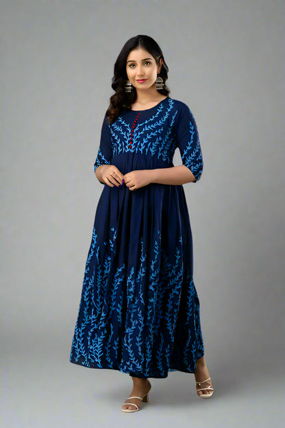 Sufiyana Ámour's Deep Navy Blue Floral Print Rayon Anarkali Kurta for Women