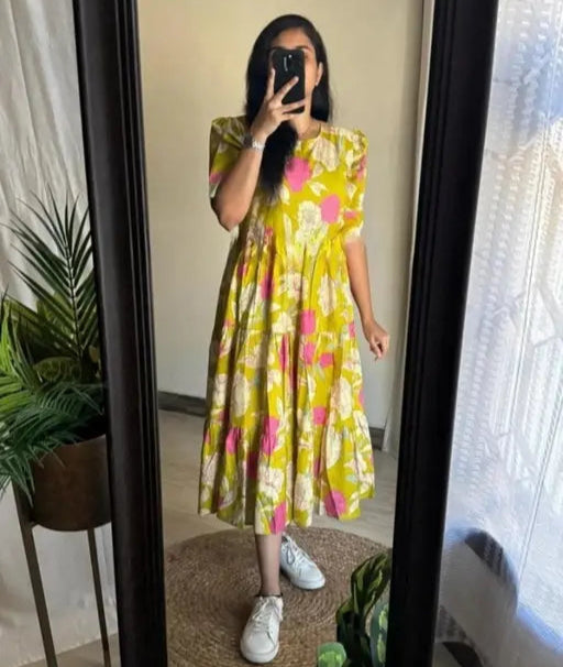 Sufiyana Ámour's Light Yellow-Green Floral Print Cotton Blend Gown Kurti for Women