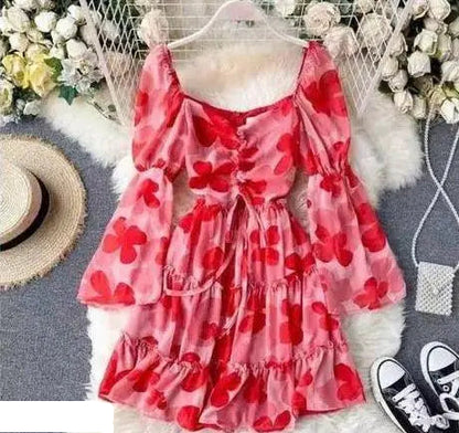 Sufiyana Ámour's Red and Pink Floral Poly Crepe A-Line Dress for Women