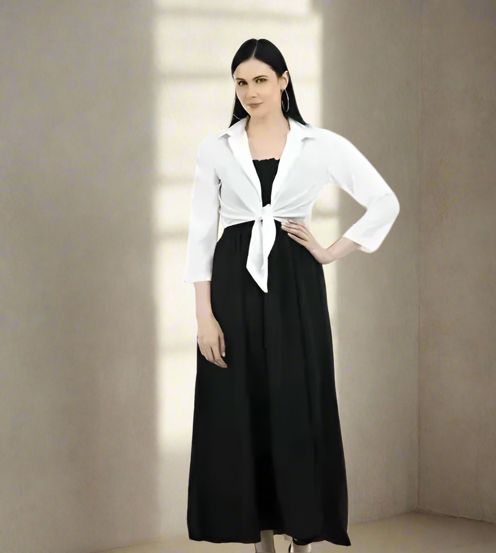 Sufiyana Ámour's Black Crepe Maxi Dress with White Tie-Front Shirt