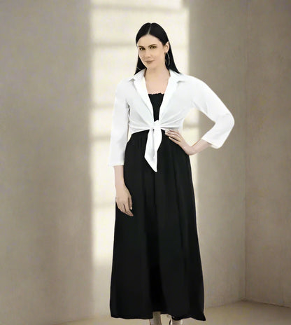 Sufiyana Ámour's Black Crepe Maxi Dress with White Tie-Front Shirt