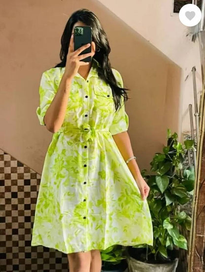 Sufiyana Ámour's Light Green Floral Cotton Shirt Dress for Women