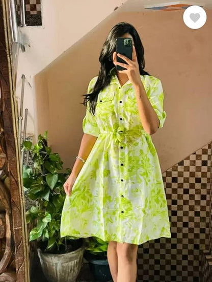 Sufiyana Ámour's Light Green Floral Cotton Shirt Dress for Women