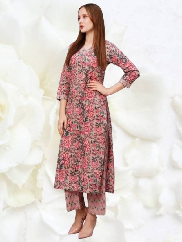 Sufiyana Ámour's Muted Pink Floral Print Kurta and Pant Set for Women