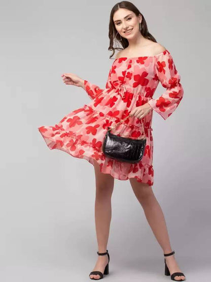Sufiyana Ámour's Red and Pink Floral Poly Crepe A-Line Dress for Women