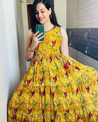 Sufiyana Ámour's Mustard Yellow Floral Print Rayon Gown for Women