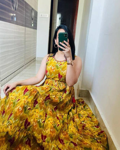 Sufiyana Ámour's Mustard Yellow Floral Print Rayon Gown for Women