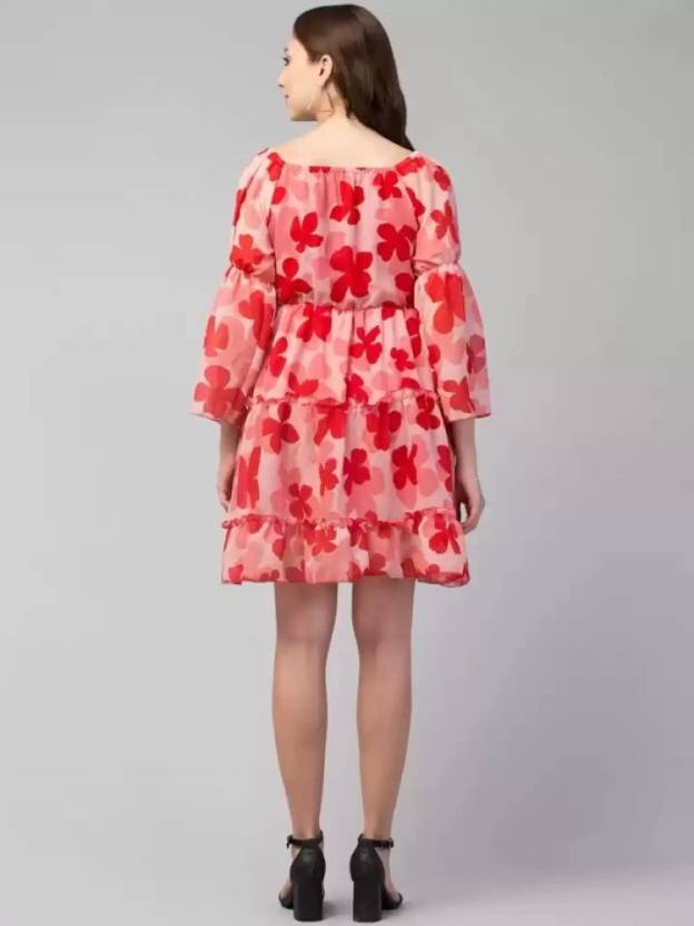 Sufiyana Ámour's Red and Pink Floral Poly Crepe A-Line Dress for Women