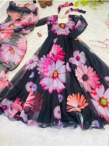 Sufiyana's Amour Black Floral Georgette Gown with Dupatta
