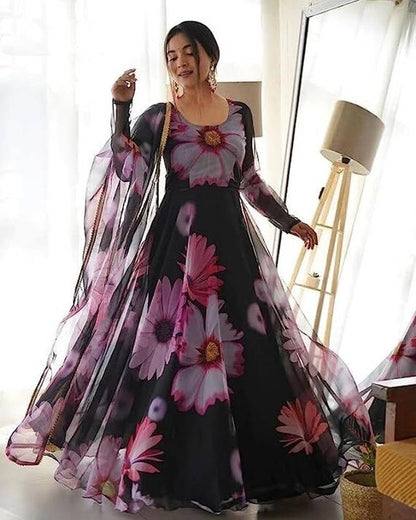 Sufiyana's Amour Black Floral Georgette Gown with Dupatta