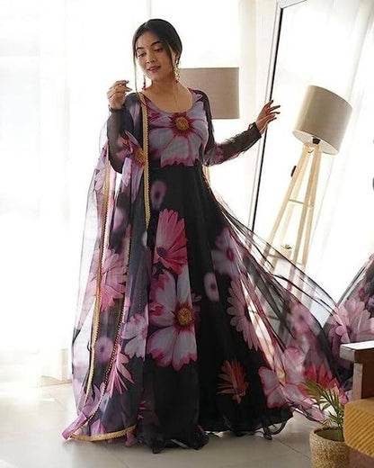 Sufiyana's Amour Black Floral Georgette Gown with Dupatta