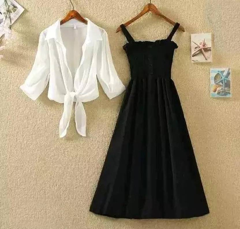 Sufiyana Ámour's Black Crepe Maxi Dress with White Tie-Front Shirt