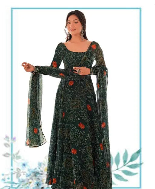 Sufiyana Ámour's Dark Green Bandhani Print Georgette Anarkali Gown with Dupatta for Women