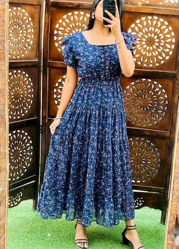 Sufiyana Ámour's Navy Blue Floral Georgette Dress for Women
