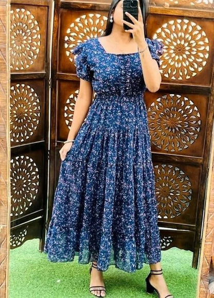 Sufiyana Ámour's Navy Blue Floral Georgette Dress for Women