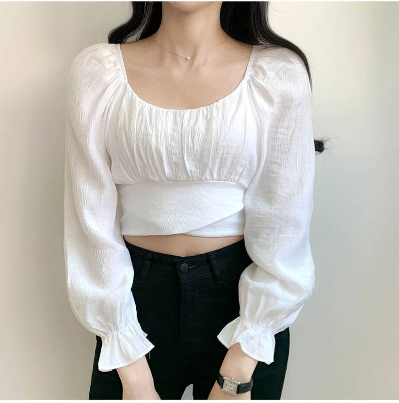Sufiyana Ámour's White Tie-Back Bow Cotton Blend Crop Top for Women
