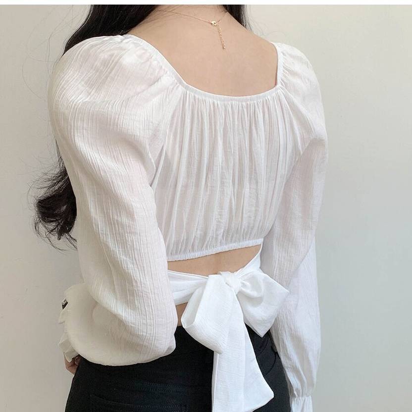 Sufiyana Ámour's White Tie-Back Bow Cotton Blend Crop Top for Women