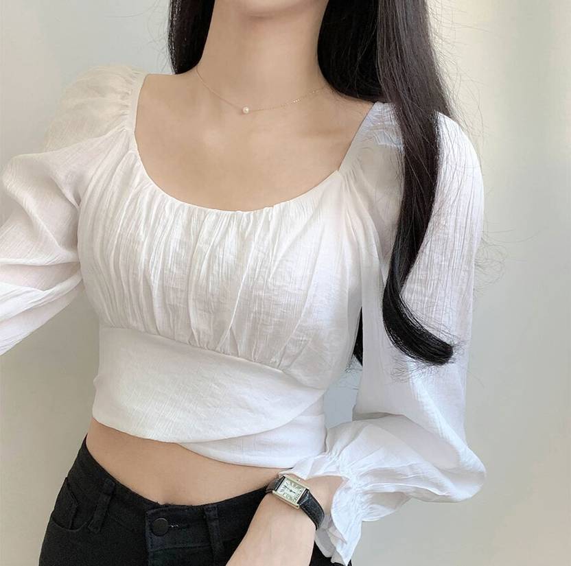 Sufiyana Ámour's White Tie-Back Bow Cotton Blend Crop Top for Women