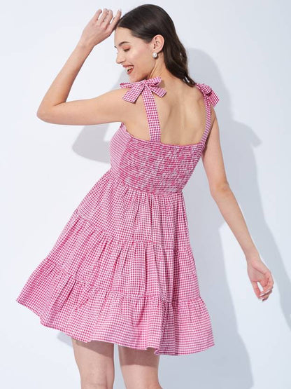 Sufiyana Ámour's Pink Gingham Cotton Tiered Dress for Females