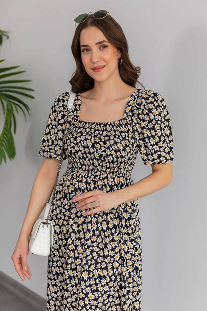 Sufiyana Ámour's Black Daisy Print Crepe Midi Dress for Women