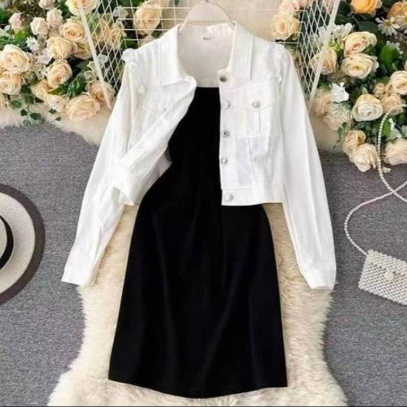 Sufiyana Ámour's Black Midi Dress with White Denim Jacket Set for Women