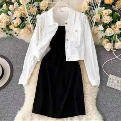 Sufiyana Ámour's Black Midi Dress with White Denim Jacket Set for Women