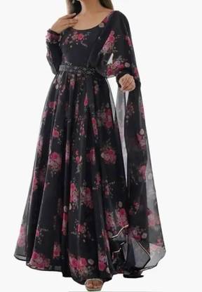 Sufiyana Ámour's Black Floral Print Georgette Anarkali Gown with Dupatta for Women
