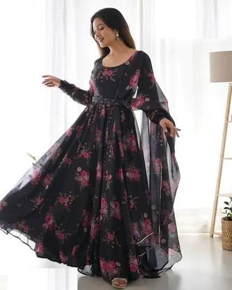 Sufiyana Ámour's Black Floral Print Georgette Anarkali Gown with Dupatta for Women