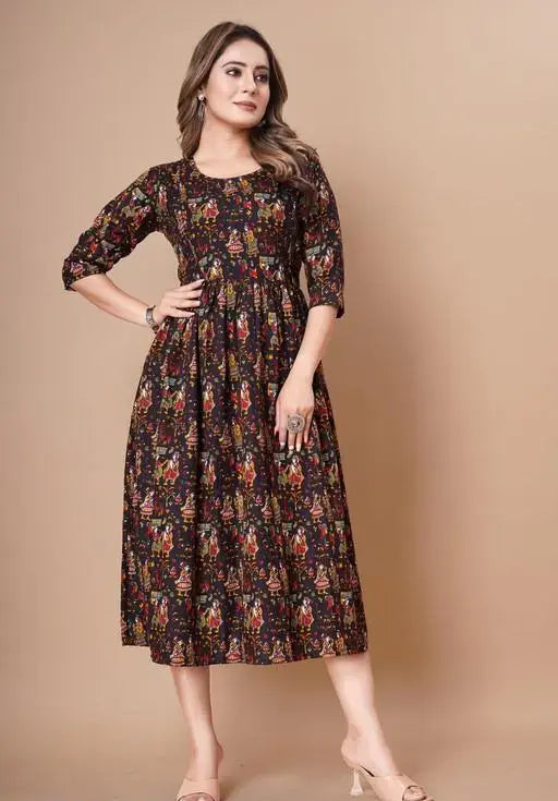 Sufiyana Ámour's Black Printed Rayon Anarkali Kurta Dress for Females