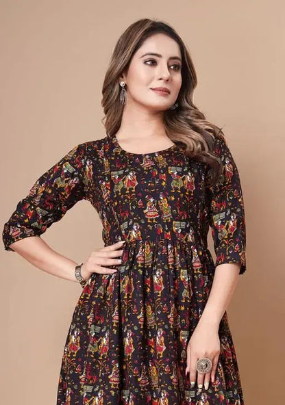 Sufiyana Ámour's Black Printed Rayon Anarkali Kurta Dress for Females