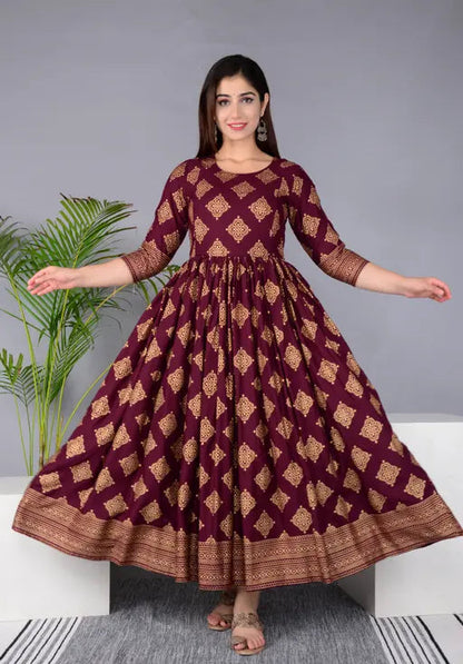 Sufiyana Ámour's Maroon Printed Rayon Flared Anarkali Kurta for Females