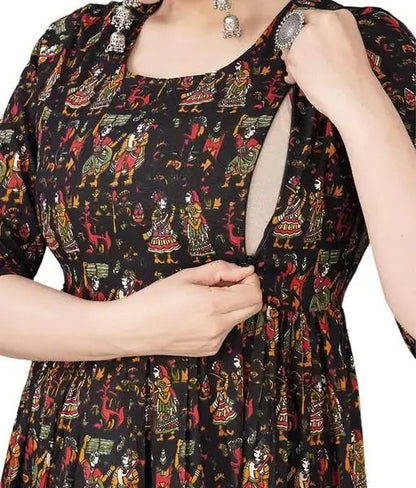 Sufiyana Ámour's Black Printed Rayon Anarkali Kurta Dress for Females