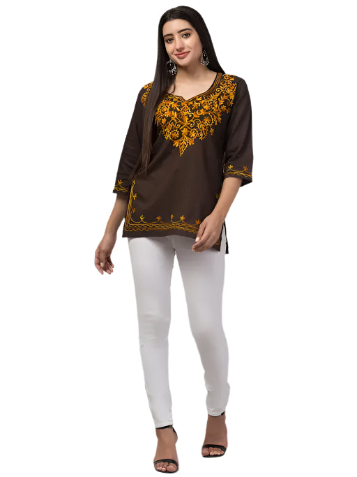 Sufiyana Ámour's Deep Brown Embroidered Cotton Kurti for Women