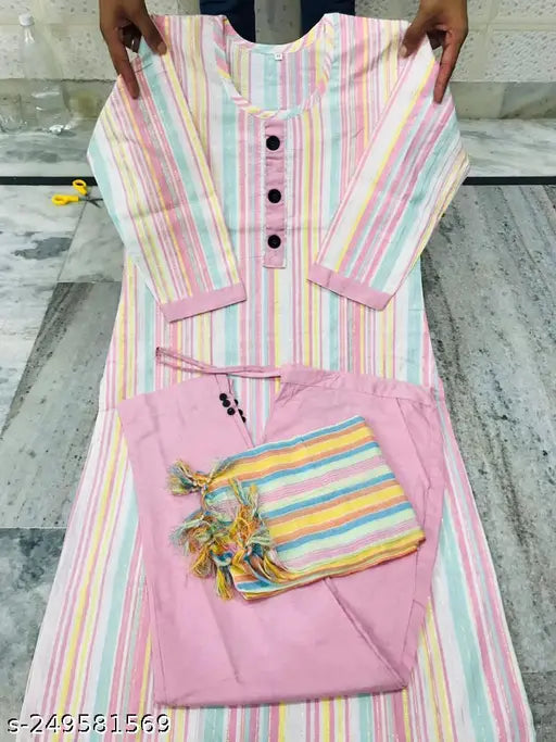 Sufiyana Ámour's Pink Striped Kurti With Dupatta And Trouser