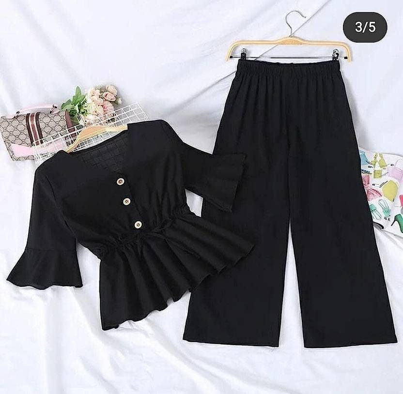 Chic Crepe Black Two-Piece Jumpsuit Set: Top and Pants Ensemble