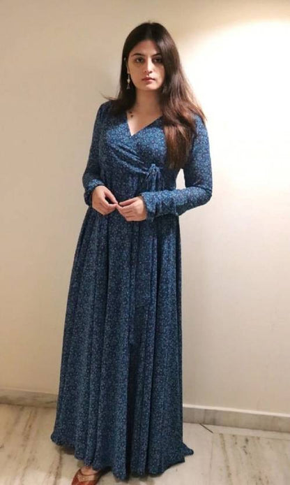 Sufiyana Ámour's Deep Blue Floral Print Georgette Gown for Women
