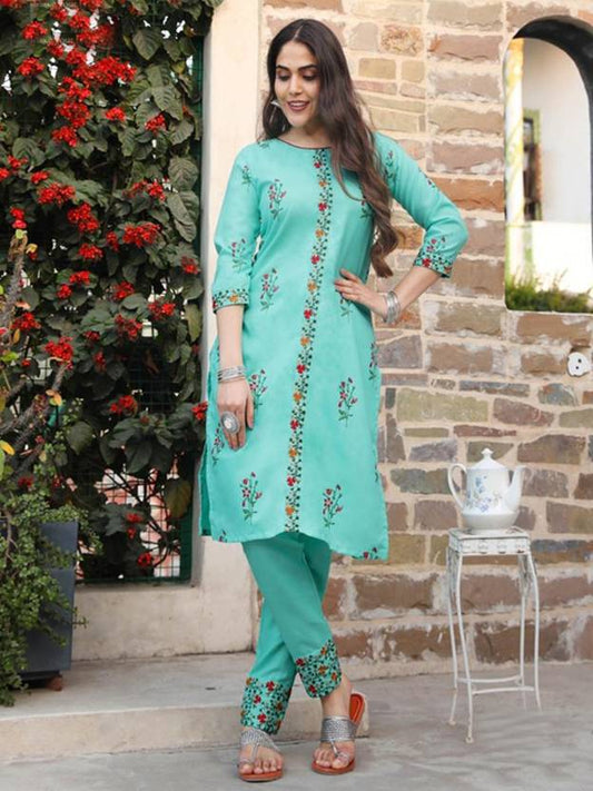Sufiyana Ámour's Light Turquoise Embroidered Kurta and Palazzo Pants Set for Women